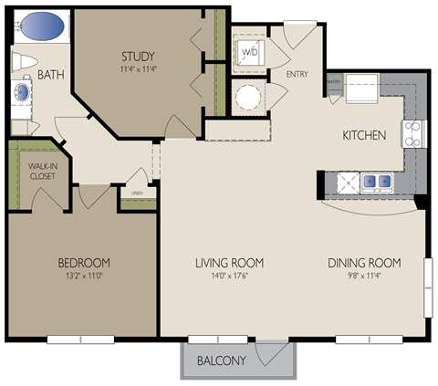 Floor plan for 1 bed, 1 bath, 1074 sqft
